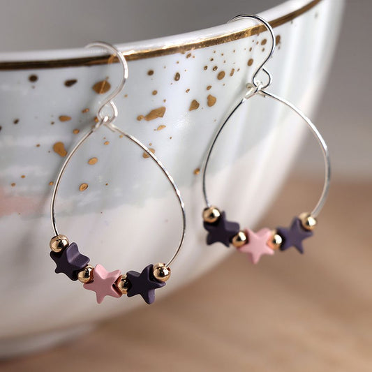 Silver plated wire teardrop earrings with pink and purple stars