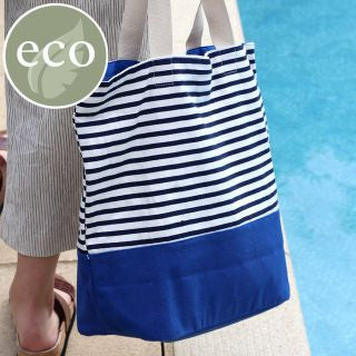 Navy/white striped cotton tote bag with blue colour block