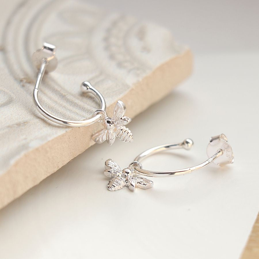 Sterling silver half hoop and bee earrings