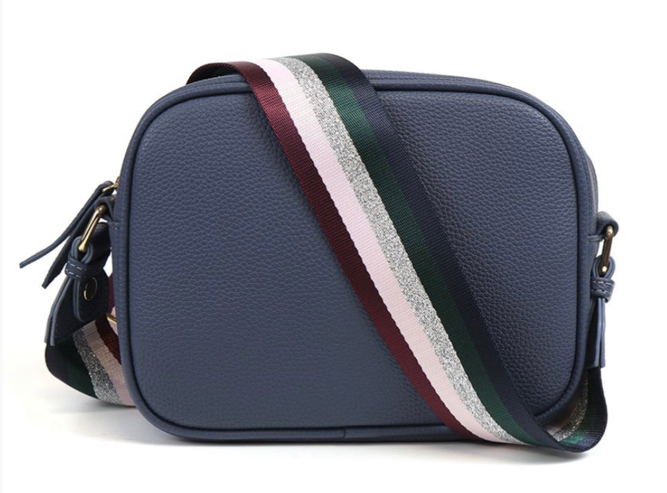 Blue Vegan Leather camera bag with striped strap