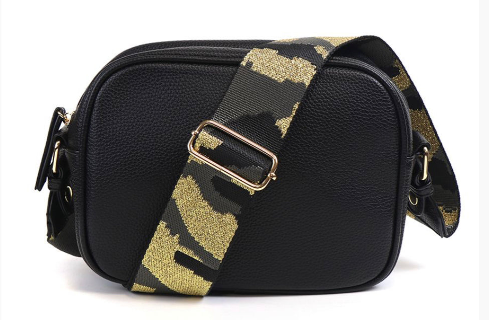 Black Vegan Leather camera bag with camo print strap