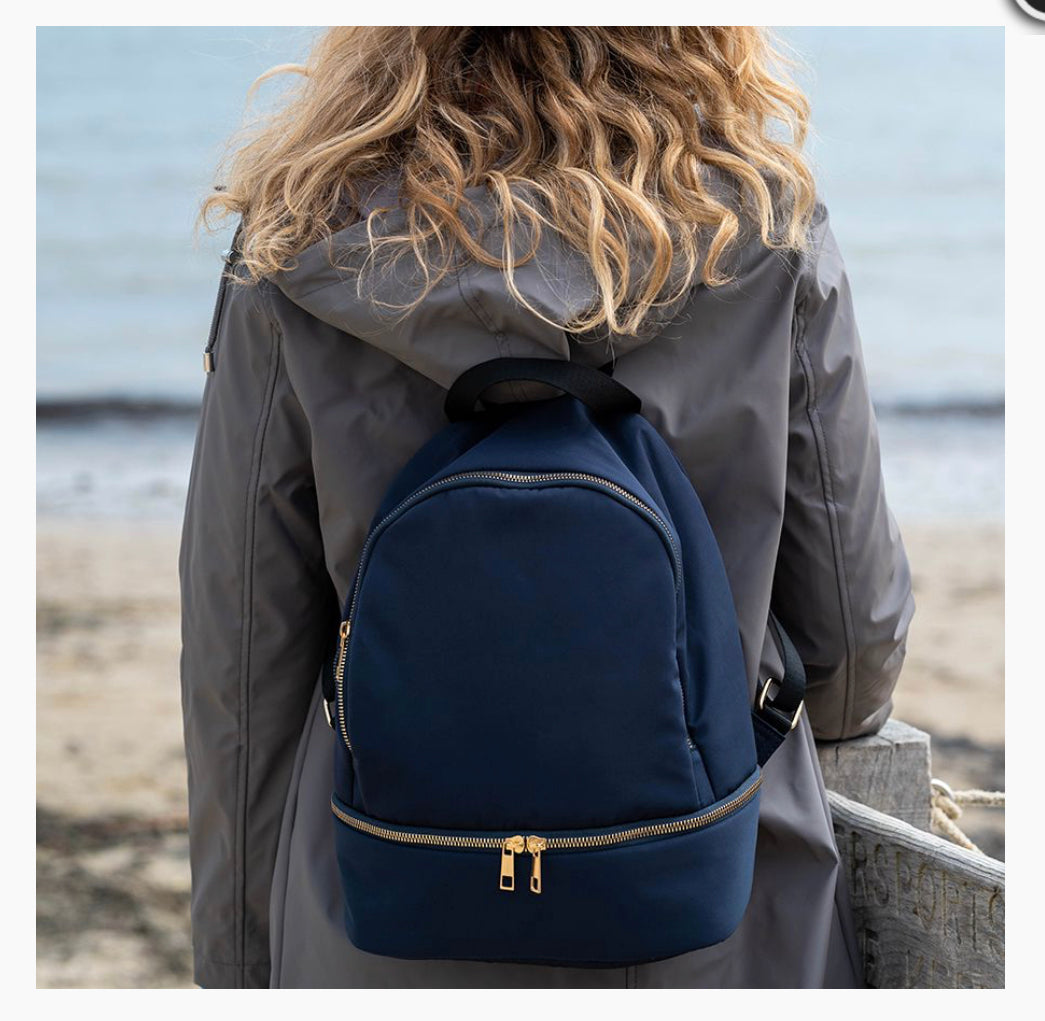 RECYCLED POLYESTER BACKPACK WITH ORANGE LINING & EXTERNAL ZIP POCKET