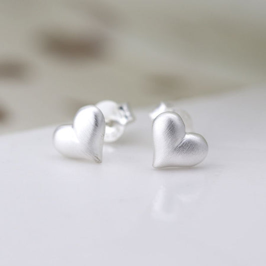 Sterling silver brushed heart stud earrings