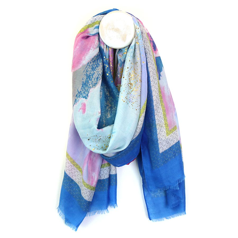 Pom Abstract Pastel Print Scarf With Foil Detail And Blue Border