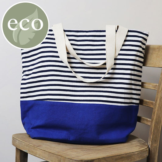 Navy/white striped cotton tote bag with blue colour block