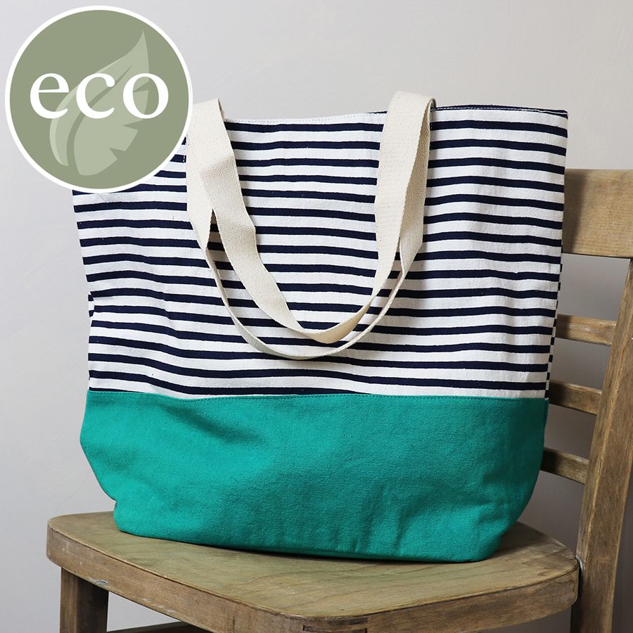 Navy/white striped cotton tote with emerald colour block