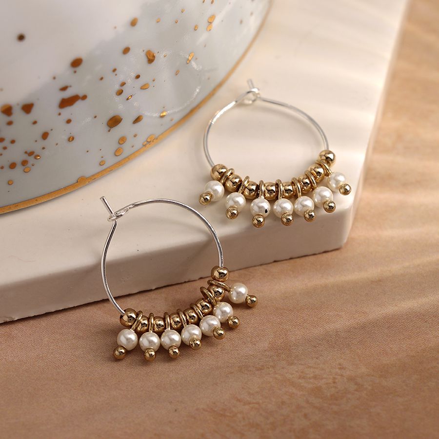 Silver plated wire hoop, pearl and golden bead earrings