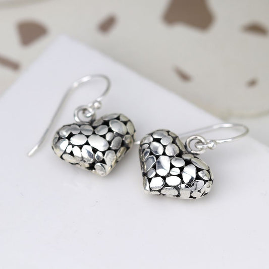 Sterling silver pebble heart drop earrings