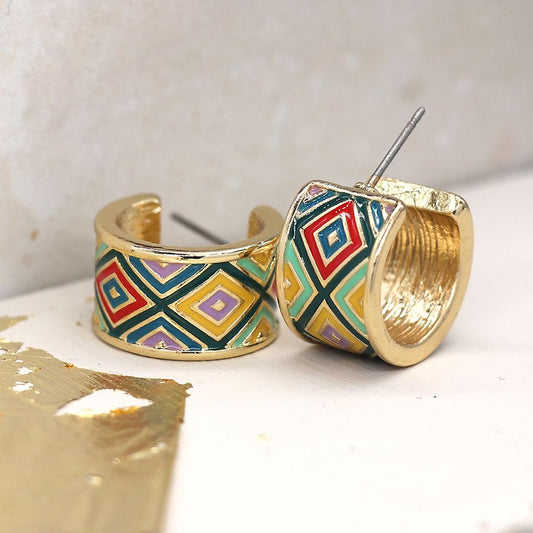 Golden wide hoop enamel diamond earrings