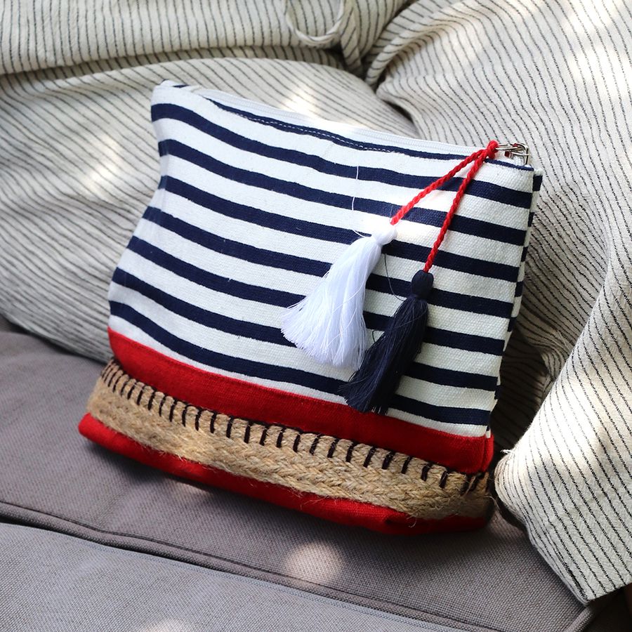 Navy/white striped wash bag with red base