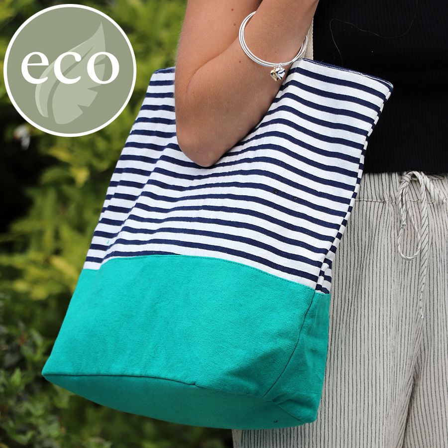 Navy/white striped cotton tote with emerald colour block