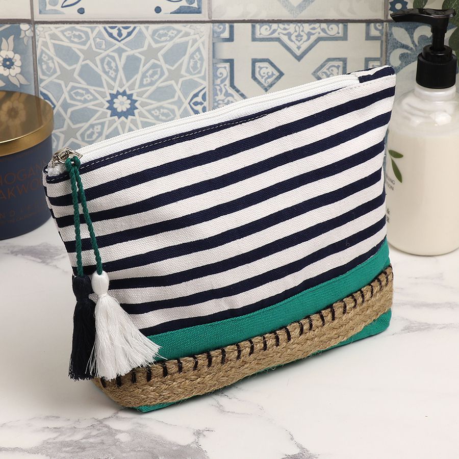 Navy/white striped cotton wash bag with green base