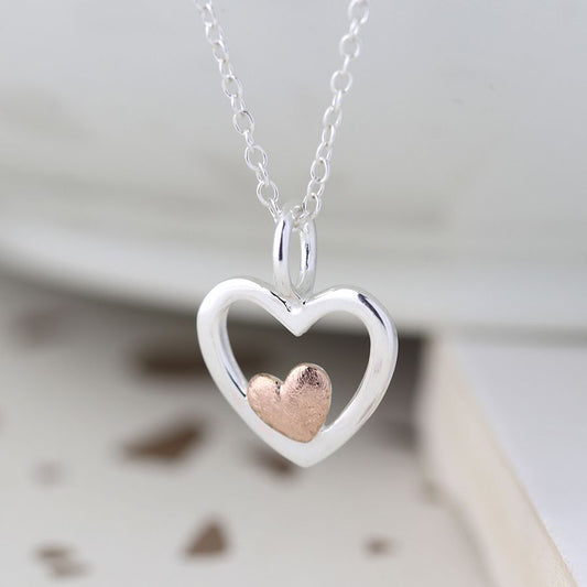 Sterling silver and rose gold double heart necklace