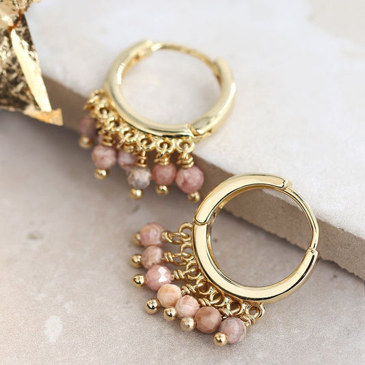 Gold plated hoop earrings with Rhodonite beads