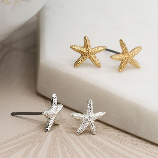 Silver plated and golden starfish stud earring duo