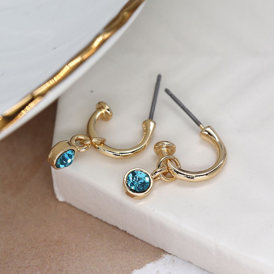 Mini golden hoop and bright aqua crystal earrings