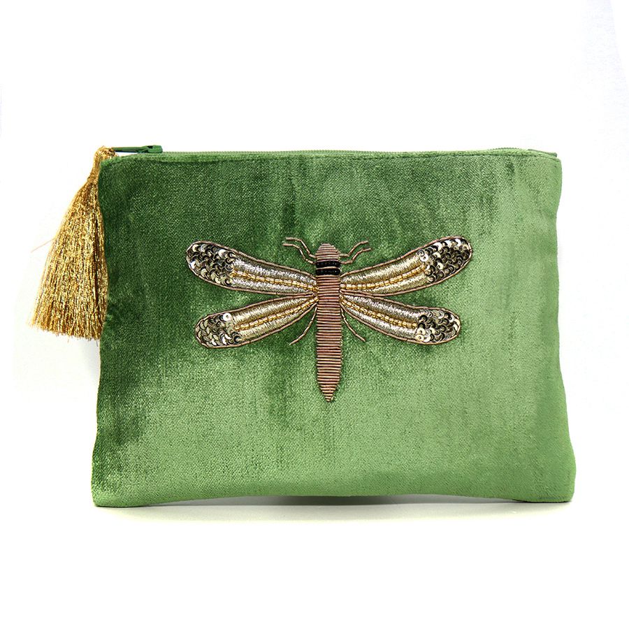 Green velvet purse with embellished dragonfly