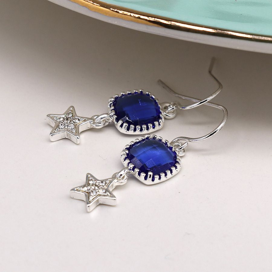 Silver plated blue crystal and sparkle star earrings