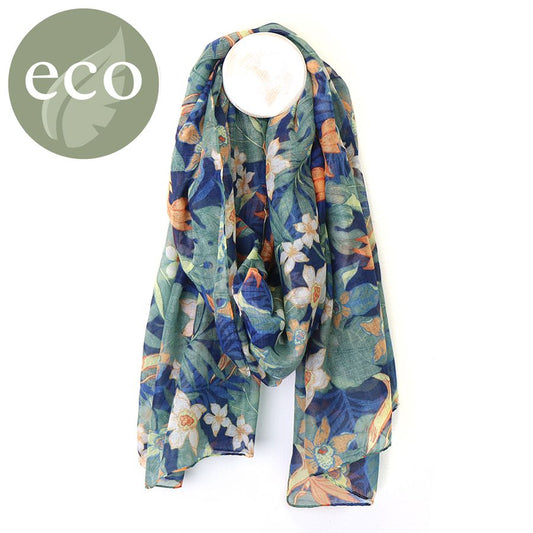 POM 100% Recycled blue and peach flower print scarf