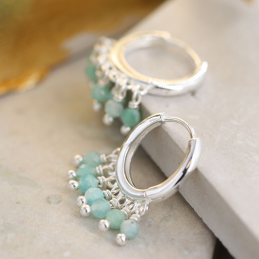 Silver plated hoop earrings with Amazonite beads