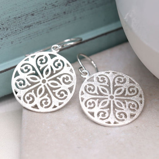 Sterling silver filigree disc drop earrings