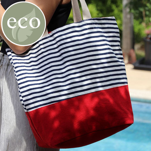 Navy/white striped cotton tote bag with red colour block