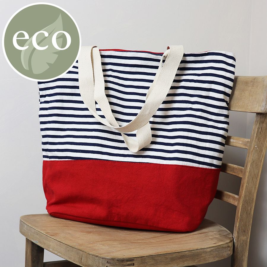 Navy/white striped cotton tote bag with red colour block