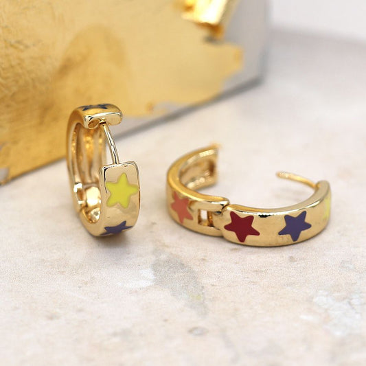 Golden multicoloured enamel star hoop earrings