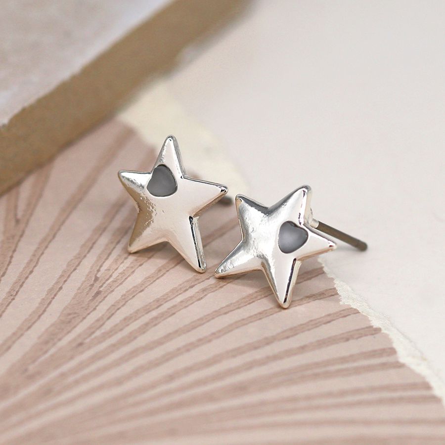 Silver plated star and quartz heart inset earrings