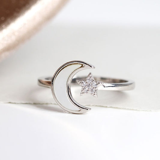 White gold plated pearl moon and crystal star ring